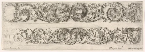 Two Frieze Designs with Acanthus Scrolls combined with a Lion and Eagle on top and Two Rams below, plate 5 from "Decorative friezes and foliage" (Ornamenti di fregi e fogliami) by Stefano della Bella, print, 1645-1650