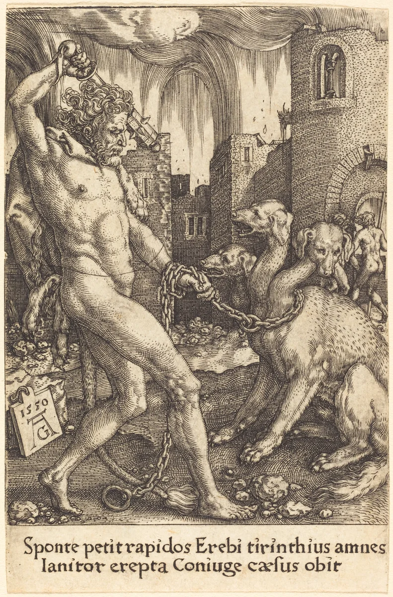 Hercules and Cerberus by Heinrich Aldegrever, print, 1550