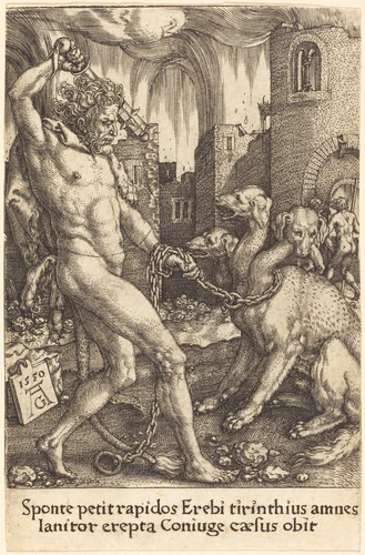 Hercules and Cerberus by Heinrich Aldegrever, print, 1550