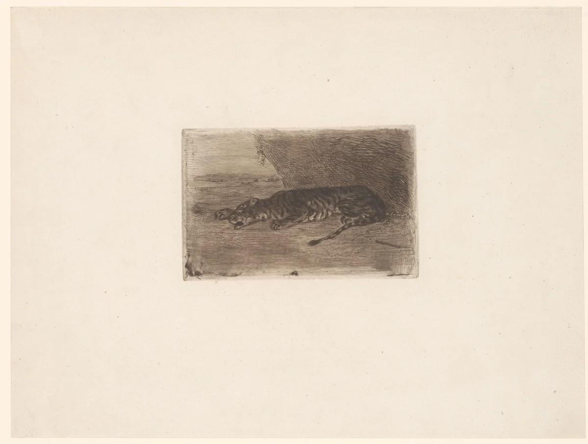 Slapende tijger voor zijn hol by Eugène Delacroix, print, 1828-1830