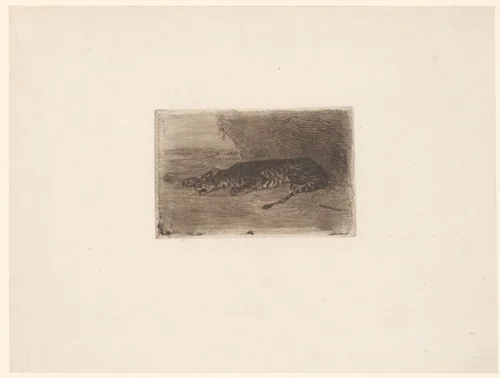 Slapende tijger voor zijn hol by Eugène Delacroix, print, 1828-1830