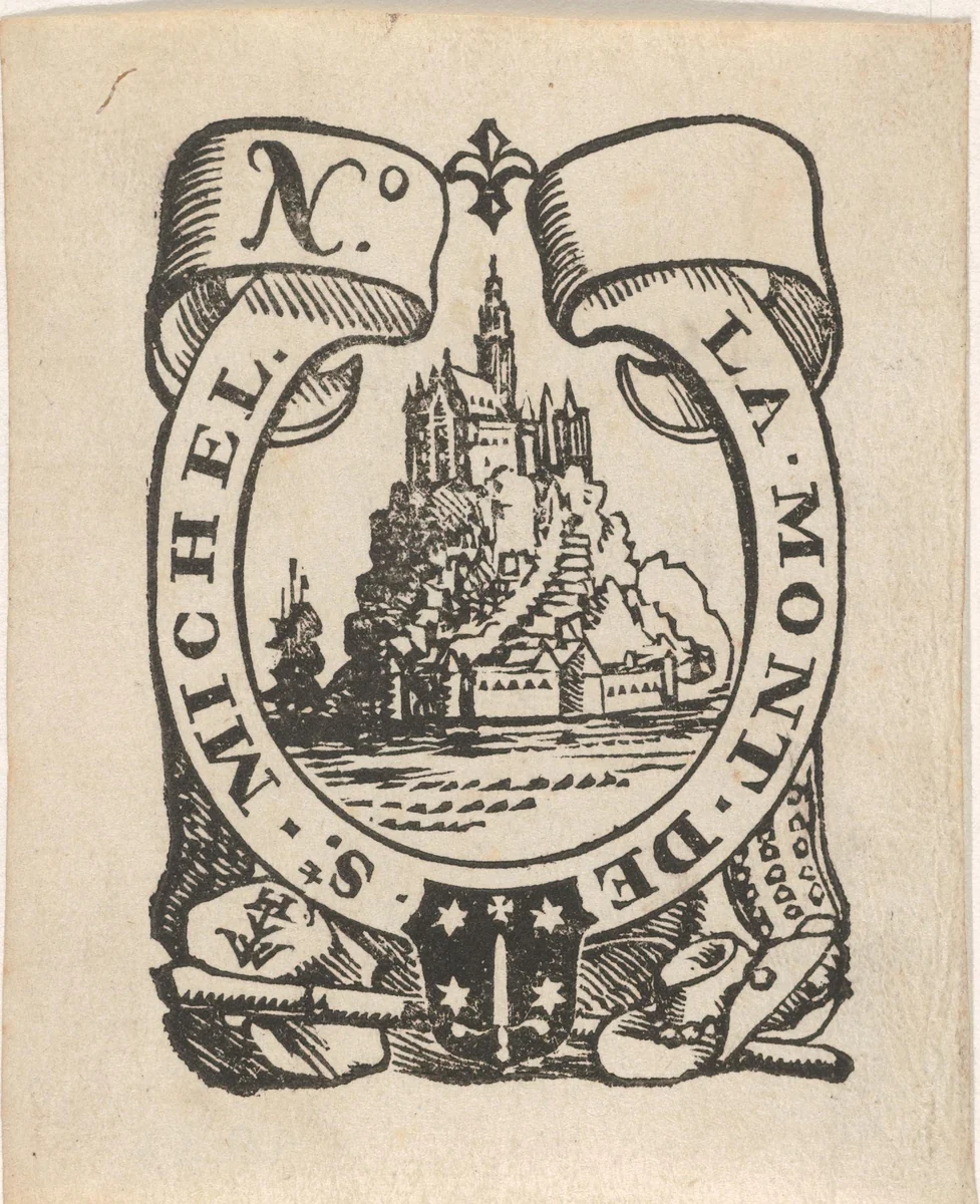 Handelsetiket met de Mont-Saint-Michel, het wapen van de stad Haarlem en het monogram of handelsmerk HVW by Isaac Vincentsz. van der Vinne, print, 1681-1740