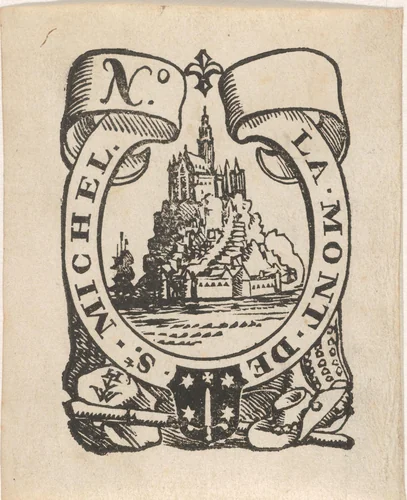 Handelsetiket met de Mont-Saint-Michel, het wapen van de stad Haarlem en het monogram of handelsmerk HVW by Isaac Vincentsz. van der Vinne, print, 1681-1740