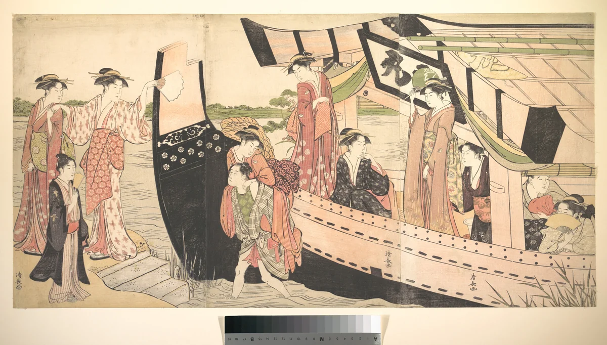 Women Landing from a Pleasure Boat Drawn Up to the Shore at Mukojima on Sumida RIver, Edo by Torii Kiyonaga (鳥居清長), print, 1775-1795
