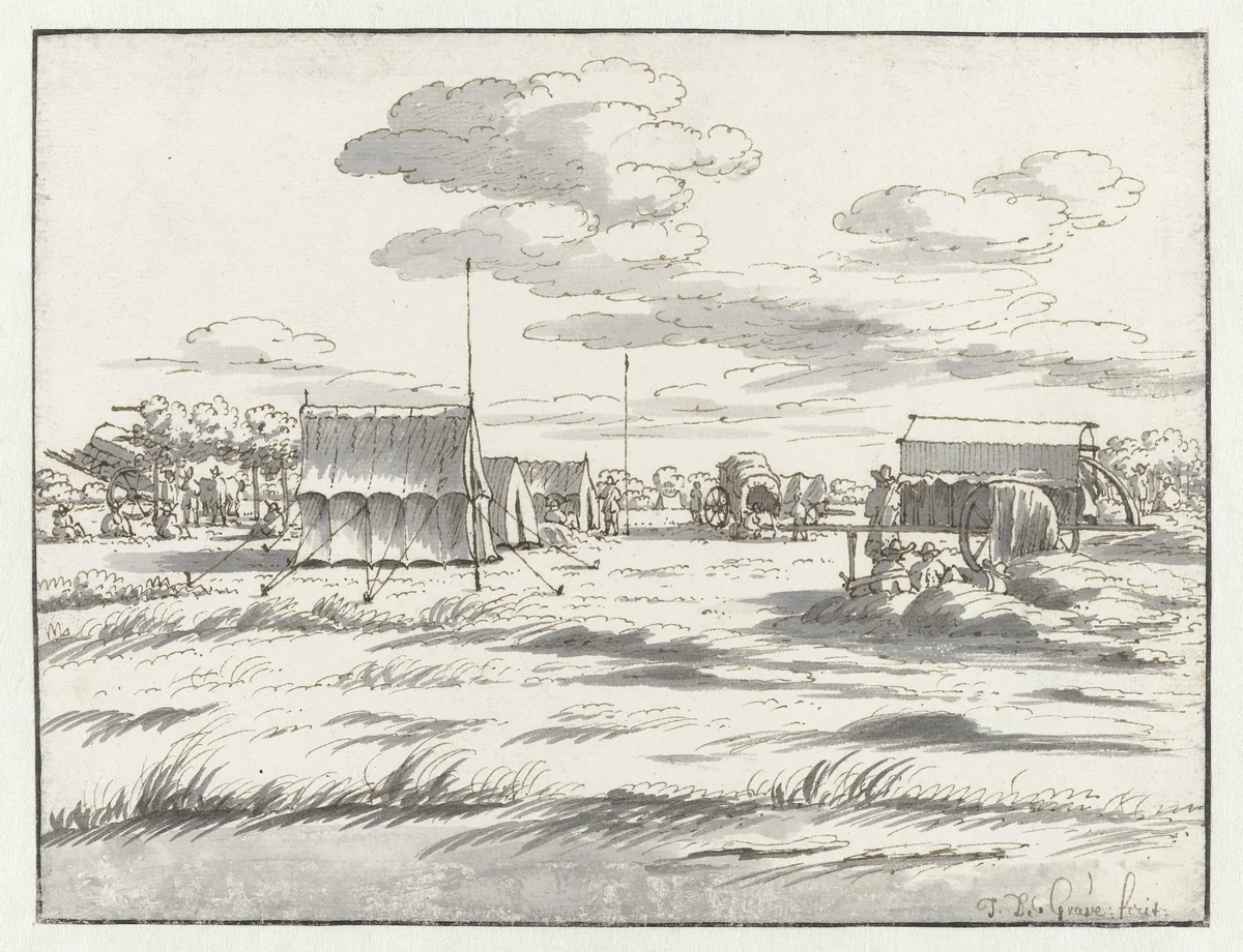 View of an Encampment of the Army of Willem III near Leuven by Josua de Grave, drawing, 1675