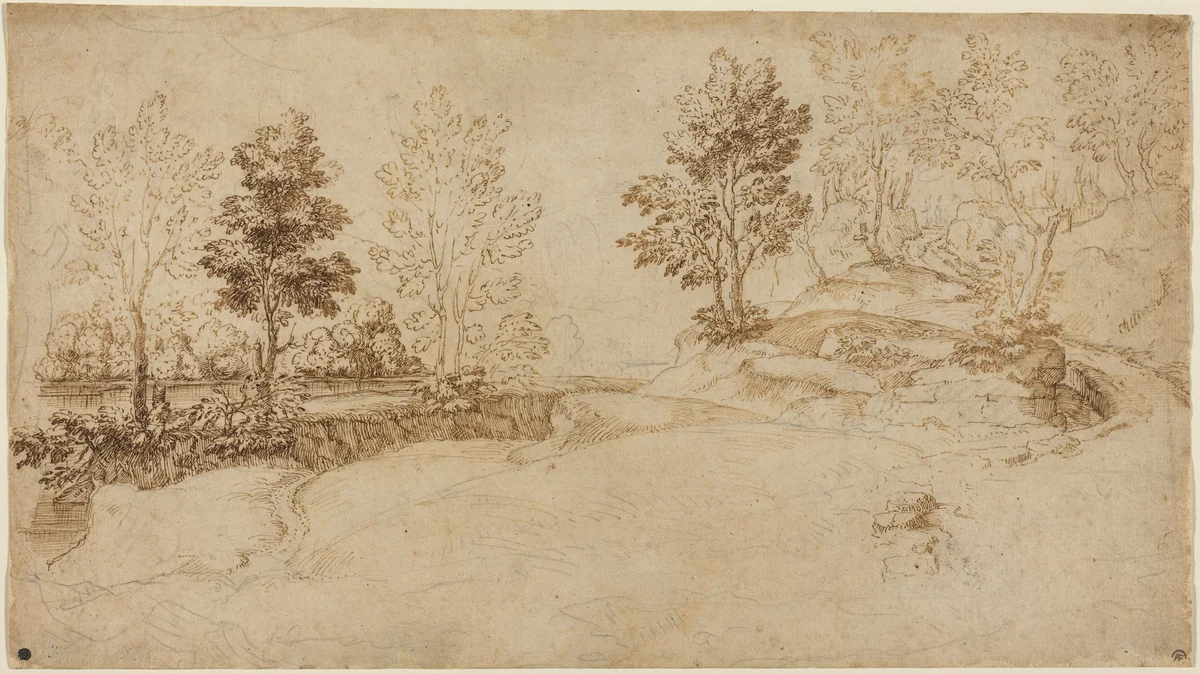 River Landscape by Italian 17th Century, drawing, 1600-1699