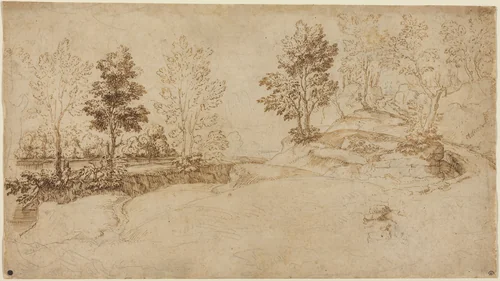 River Landscape by Italian 17th Century, drawing, 1600-1699