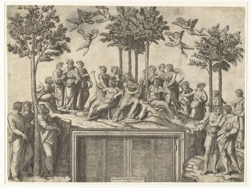 Apollo en muzen op berg Parnassus by Unknown, print, 1517-1520