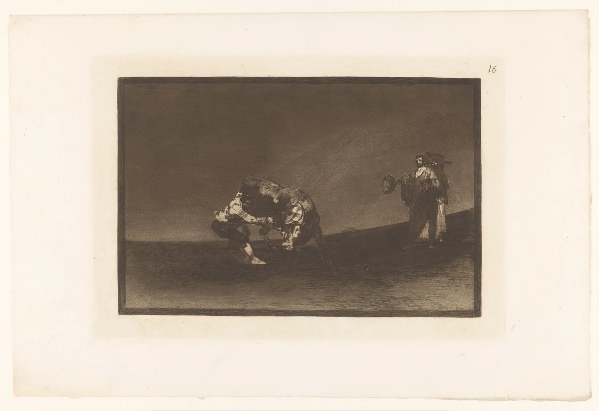 Martincho grijpt een stier bij zijn hoorn by Francisco de Goya, print, 1876