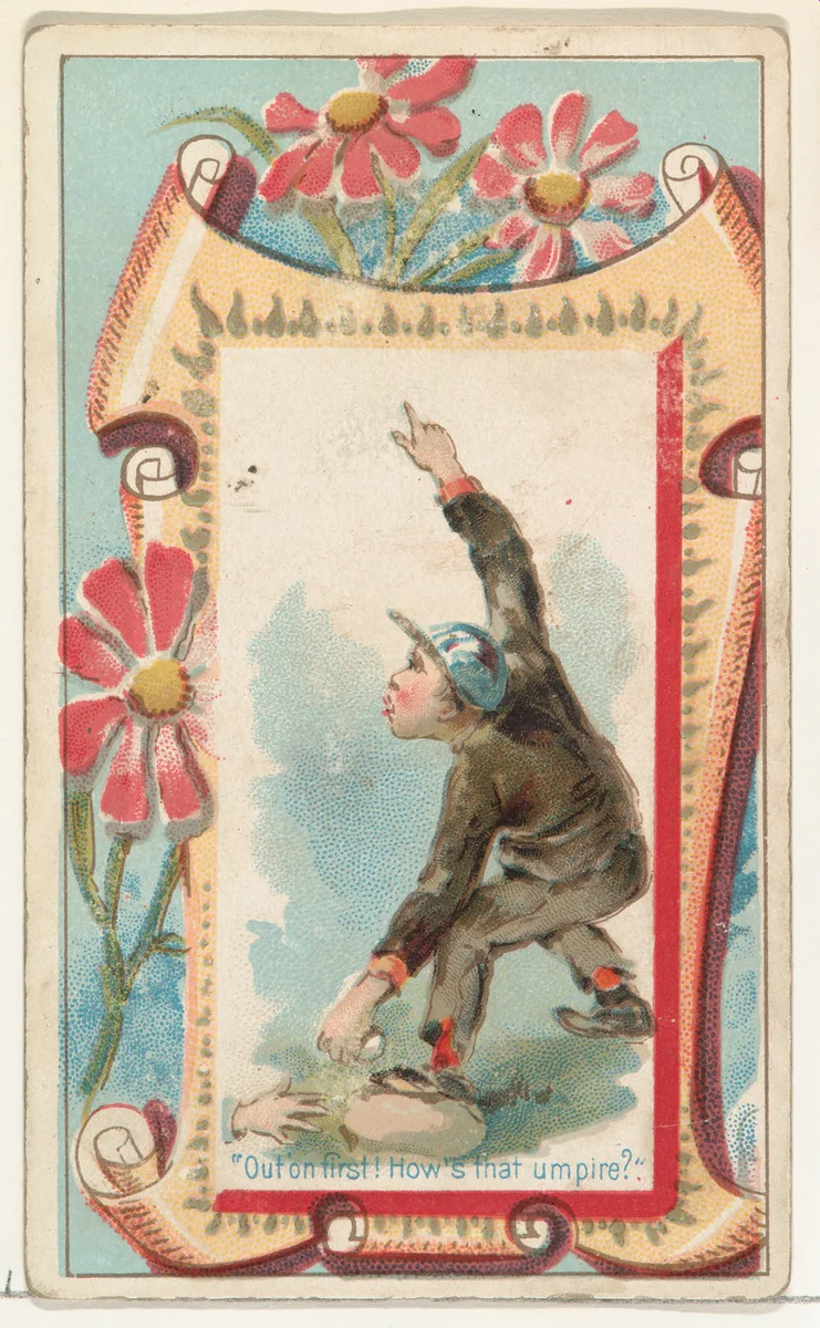"Out on first! How's that umpire?," from the Terrors of America set (N136) issued by Duke Sons & Co. to promote Honest Long Cut Tobacco by W. Duke, Sons & Co., print, 1888-1889
