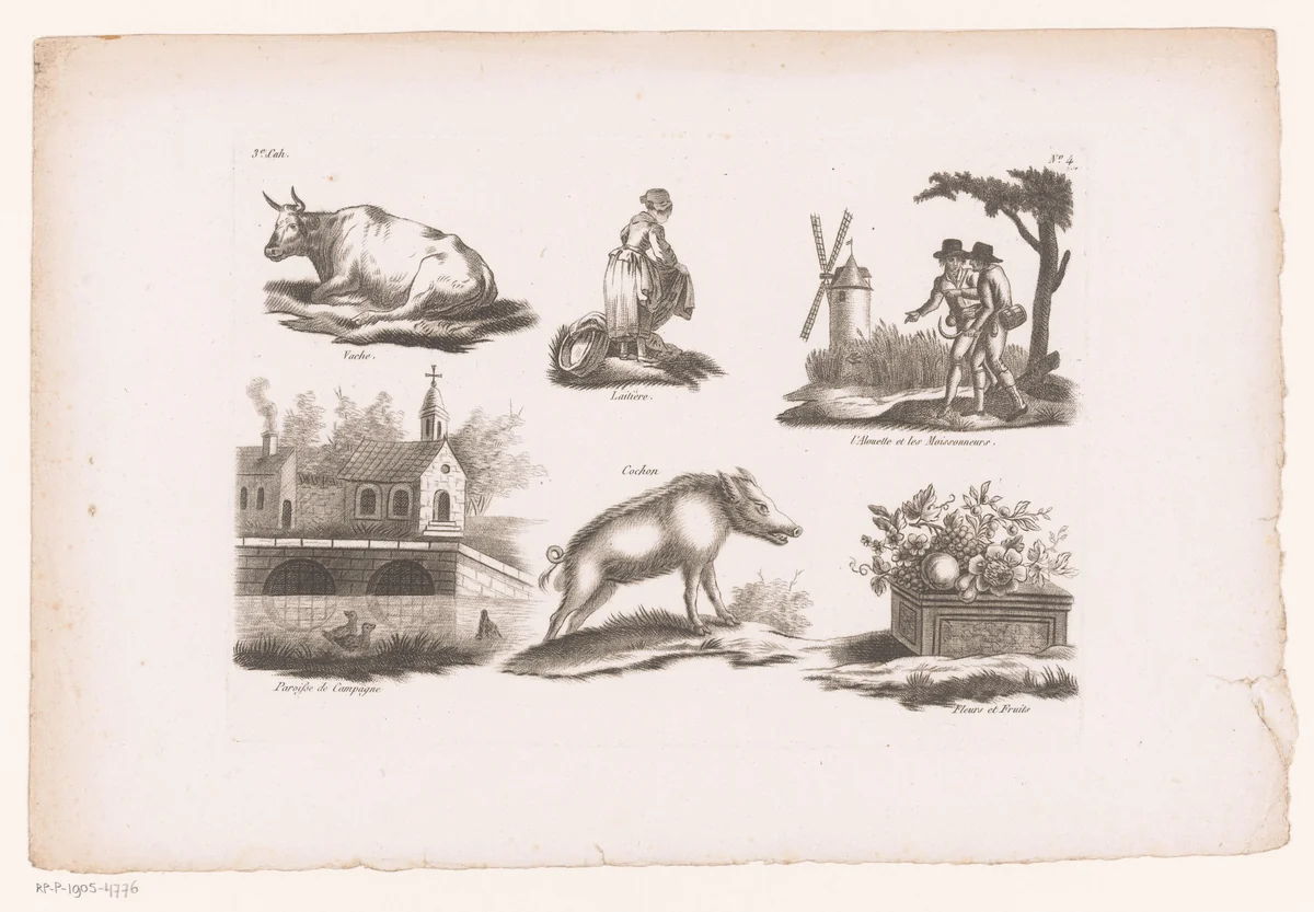 Zes verschillende voorstellingen waaronder een melkmeisje en een zwijn by Perrot, print, 1784-1796