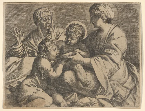 Madonna and Child with Saints Elizabeth and John the Baptist (Madonna della Scodella), the seated Mary and the infant Christ hold a cup from which the young Baptist drinks, Elizabeth lifts both hands by Annibale Carracci, print, 1606