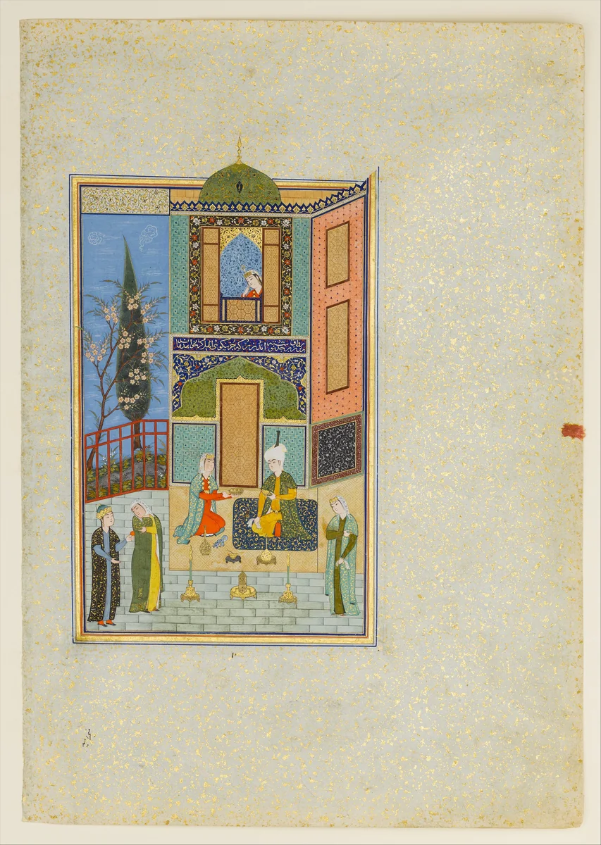 "Bahram Gur in the Green Palace on Monday", Folio 224 from a Khamsa (Quintet) of Nizami of Ganja by Nizami, manuscript, 1500-1550