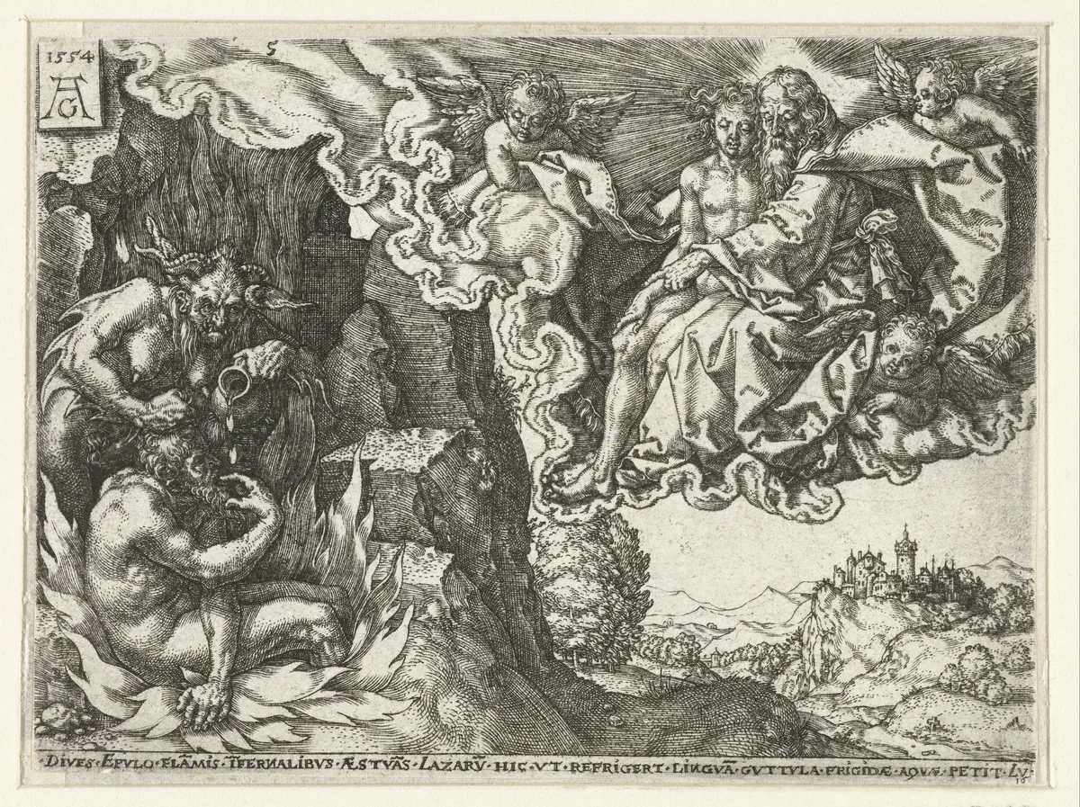 De rijke man in de hel ziet Abraham met Lazarus by Unknown, print, 1554