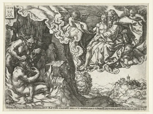 De rijke man in de hel ziet Abraham met Lazarus by Unknown, print, 1554