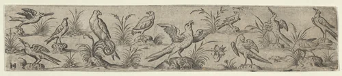Frieze with Eleven Birds and an Insect by Jan Collaert, print, 1590-1612