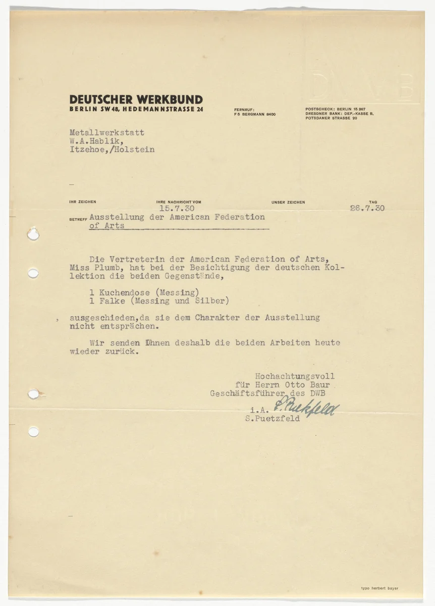 Deutscher Werkbund letterhead (Letter from S. Puetzfeld to the American Federation of Arts) by Herbert Bayer, design, 1926