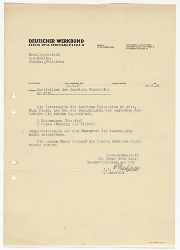 Deutscher Werkbund letterhead (Letter from S. Puetzfeld to the American Federation of Arts) by Herbert Bayer, design, 1926