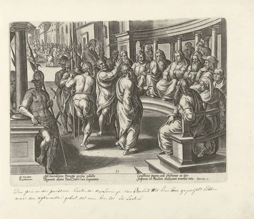Paulus voor het Sanhedrin by Philips Galle, print, 1582