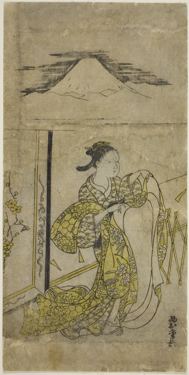 Woman Holding Kimono with Mt. Fuji above by Nishimura Shigenaga, print, 1740-1749