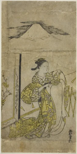 Woman Holding Kimono with Mt. Fuji above by Nishimura Shigenaga, print, 1740-1749