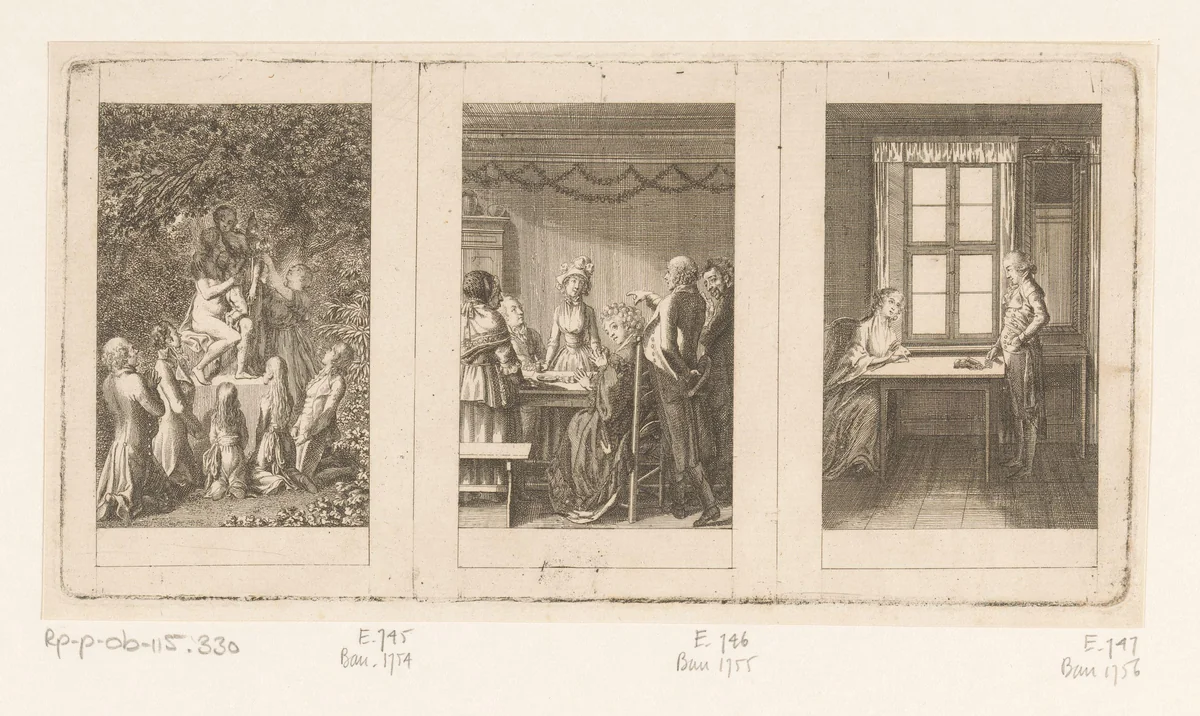 Drie voorstellingen voor verhalen voor dames van Friedrich Ehrenberg by Daniel Nikolaus Chodowiecki, print, 1794