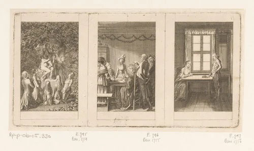 Drie voorstellingen voor verhalen voor dames van Friedrich Ehrenberg by Daniel Nikolaus Chodowiecki, print, 1794