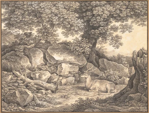 Italian Landscape with Trees, Rocks and a Resting Deer by Johann Christian Reinhart, drawing, 1824