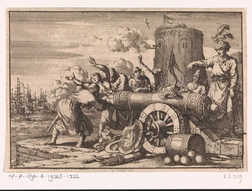 Tijdens het Franse bombardement op Algiers wordt de Franse consul door de Algerijnen in een kanon geladen en gedood, 1683 by Jan Luyken, print, 1698