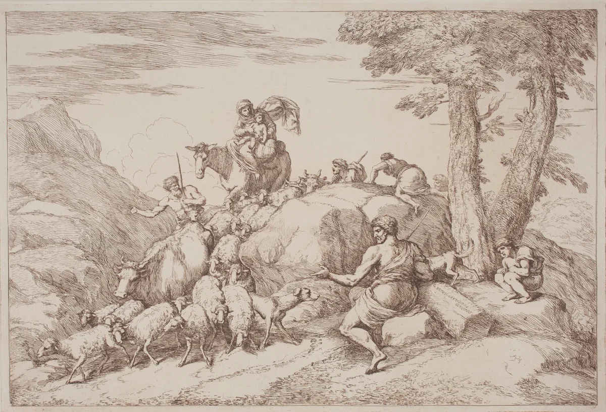 A Pastoral Journey with a Mother and Child on Horesback and an Elderly Shepherd Seated by Gaetano Zompini, Giovanni Benedetto Castiglione, portfolio, 1700-1778