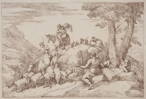 A Pastoral Journey with a Mother and Child on Horesback and an Elderly Shepherd Seated by Gaetano Zompini, Giovanni Benedetto Castiglione, portfolio, 1700-1778