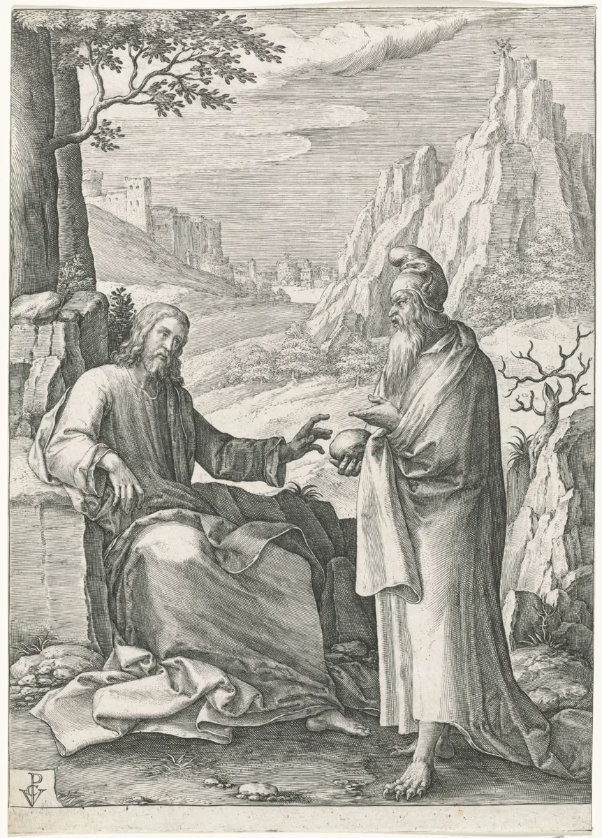 Verzoeking van Christus in de woestijn by Unknown, print, 1574-1637