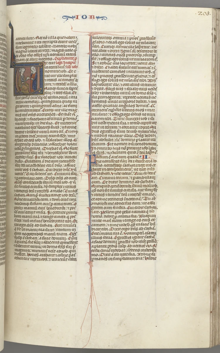Fol. 205r, Job, historiated initial V, Job on the dungheap given a gold earring by one of his sisters by Unknown, book, 1270-1300