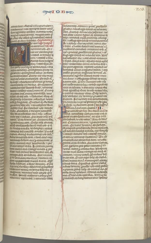 Fol. 205r, Job, historiated initial V, Job on the dungheap given a gold earring by one of his sisters by Unknown, book, 1270-1300