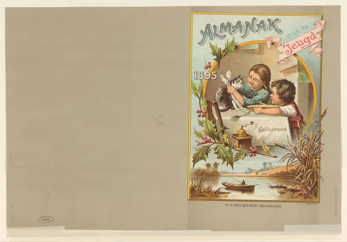 Jongen en meisje spelend met kat by anonymous, print, 1895