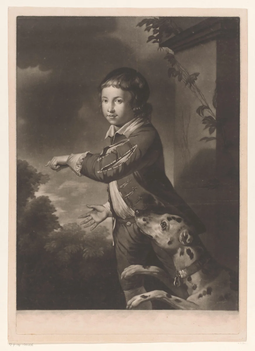 Portret van jongen met een hond by Valentine Green, print, 1749-1813