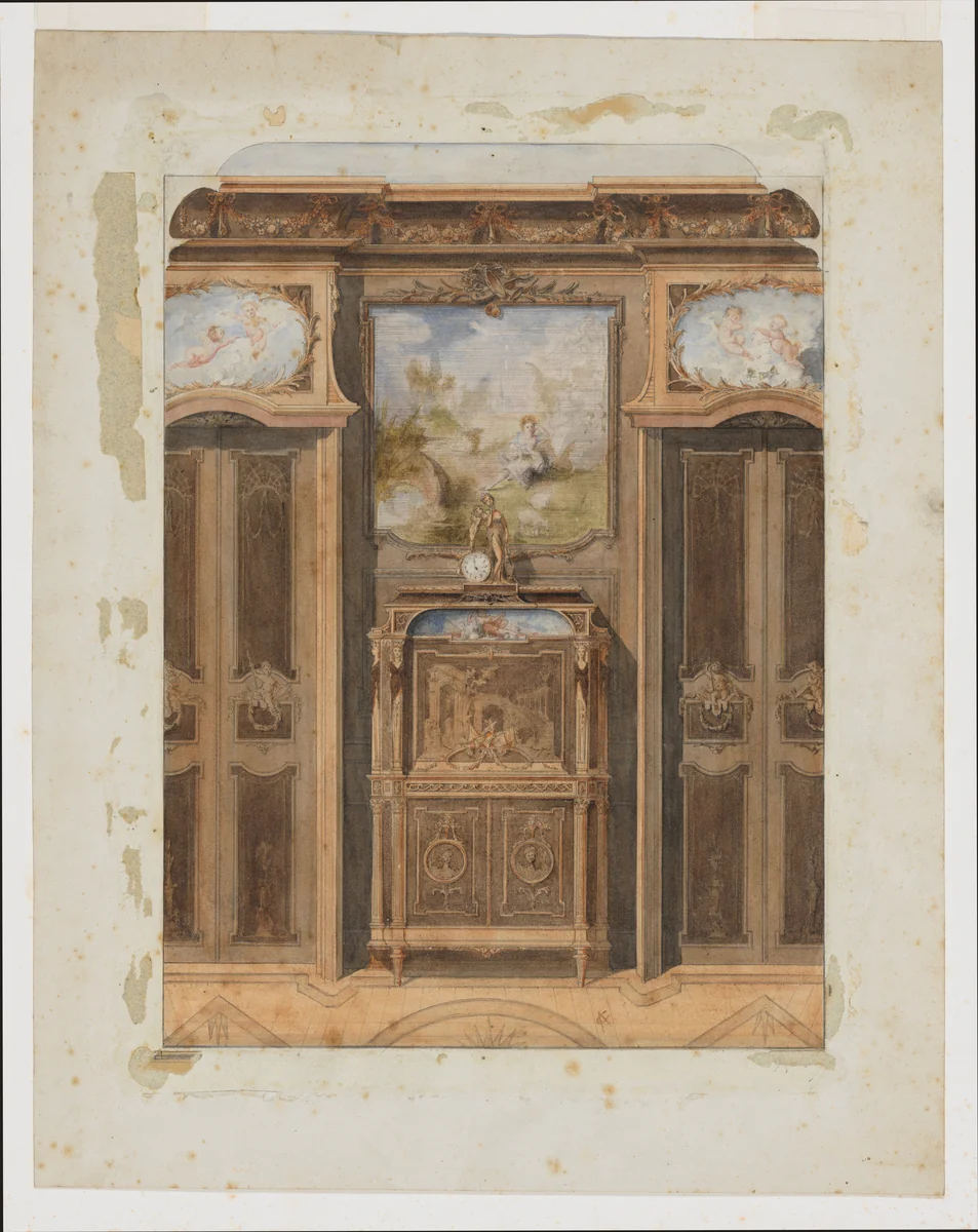 Interior Elevation with a Secretary Desk by Alexandre Frédéric Cogez, drawing, 1870-1899