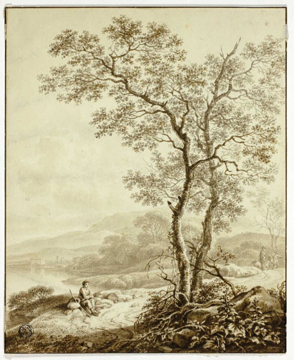 Winding Road Beside Lake, with Large Tree and Resting Traveler in Foreground by William Marshall Craig, drawing, 1788-1820