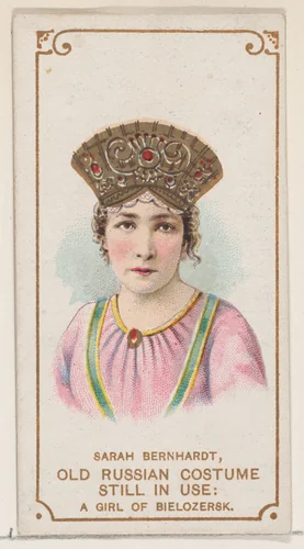 Sarah Bernhardt in an Old Russian Costume as a Girl of Bielozersk, from the set Actors and Actresses, First Series (N70) for Duke brand cigarettes by W. Duke, Sons & Co., print, 1888-1889