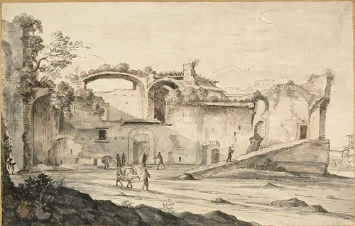 Travelers before a Ruin by Bartholomeus Breenbergh, drawing, 1609-1657