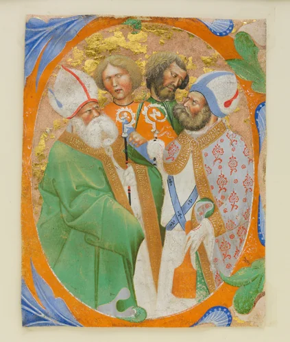 Manuscript Illumination with Four Saints in an Initial O, from a Choir Book by Master of the Murano Gradual, manuscript, 1440-1450