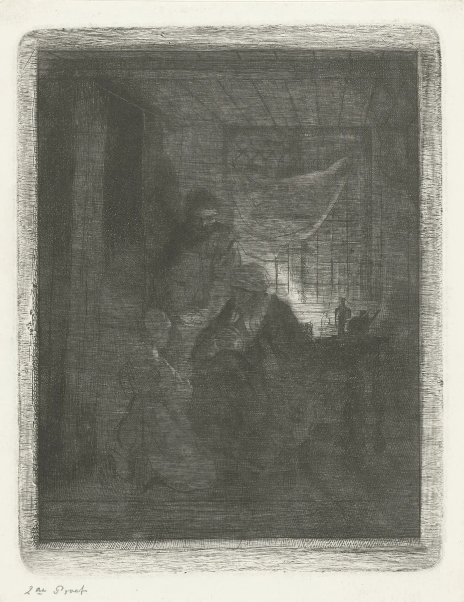 Biddend gezin voor een bedstede by Jacobus Ludovicus Cornet, print, 1825-1882