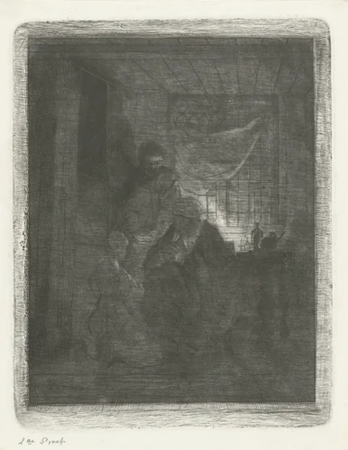 Biddend gezin voor een bedstede by Jacobus Ludovicus Cornet, print, 1825-1882