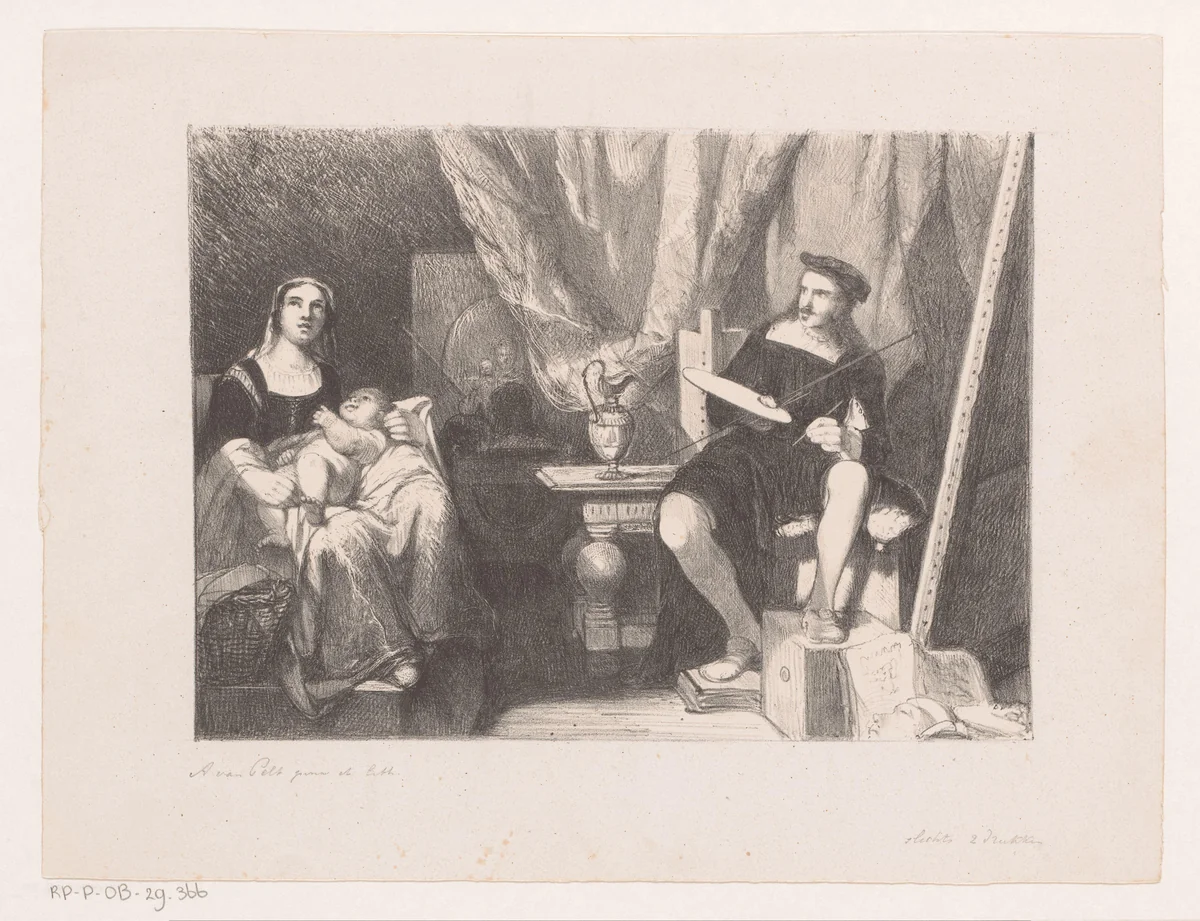 Schilder met vrouw en kind in zijn atelier by Abraham van Pelt, print, 1856
