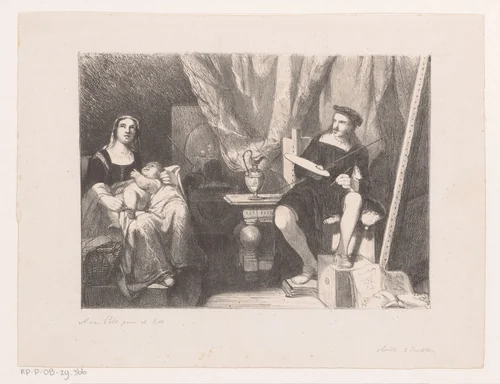 Schilder met vrouw en kind in zijn atelier by Abraham van Pelt, print, 1856