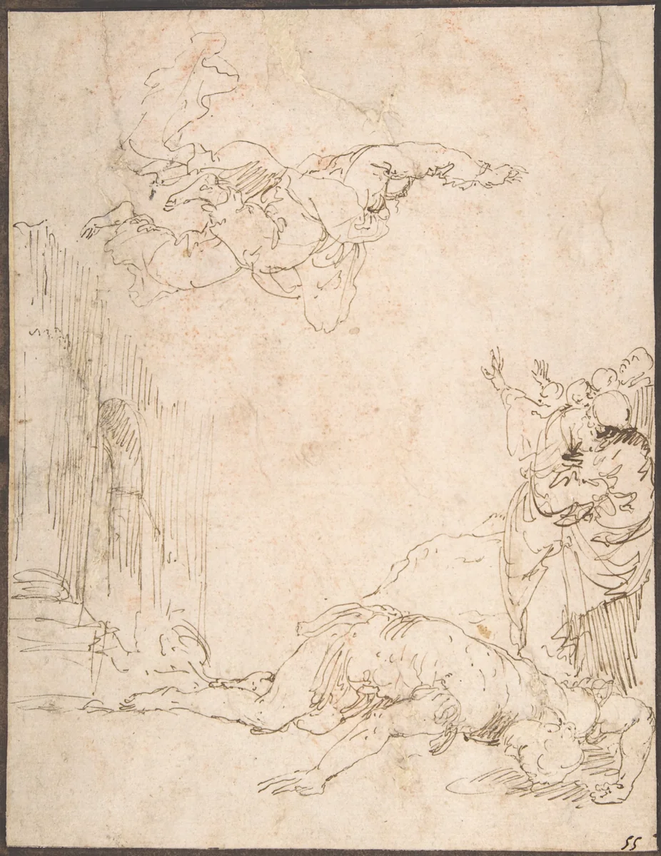 Unidentified Scene: Figures Watching a Fallen Giant and Another Figure Levitating by Jusepe de Ribera, drawing, 1591-1652