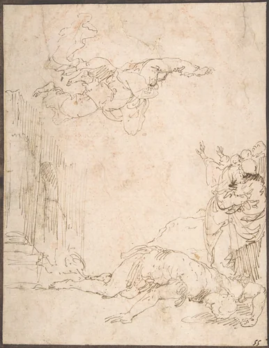 Unidentified Scene: Figures Watching a Fallen Giant and Another Figure Levitating by Jusepe de Ribera, drawing, 1591-1652