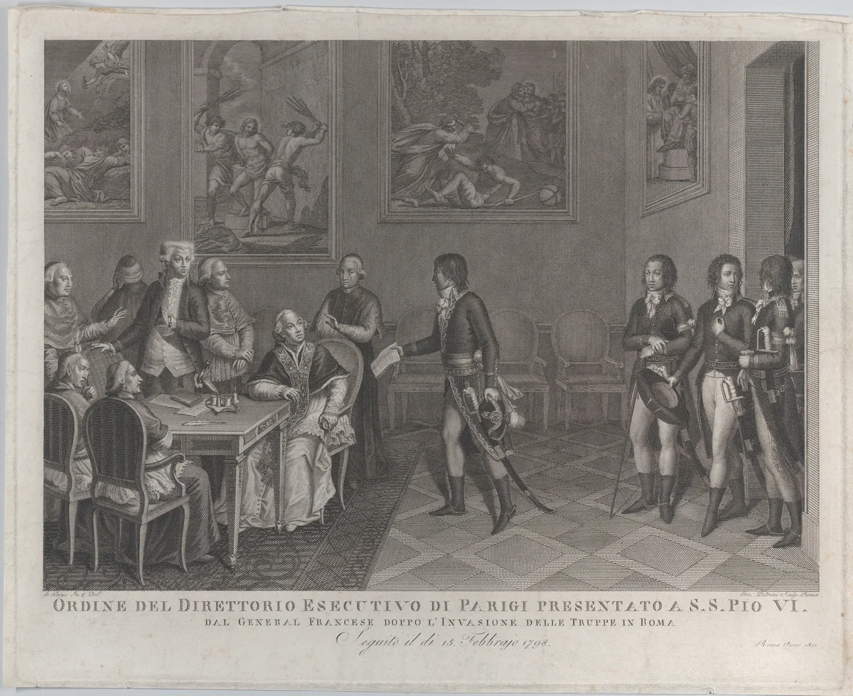 French general handing Directory order to Pope Pius VI after invasion of Rome by Giovanni Petrini, print, 1801