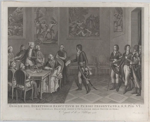 French general handing Directory order to Pope Pius VI after invasion of Rome by Giovanni Petrini, print, 1801