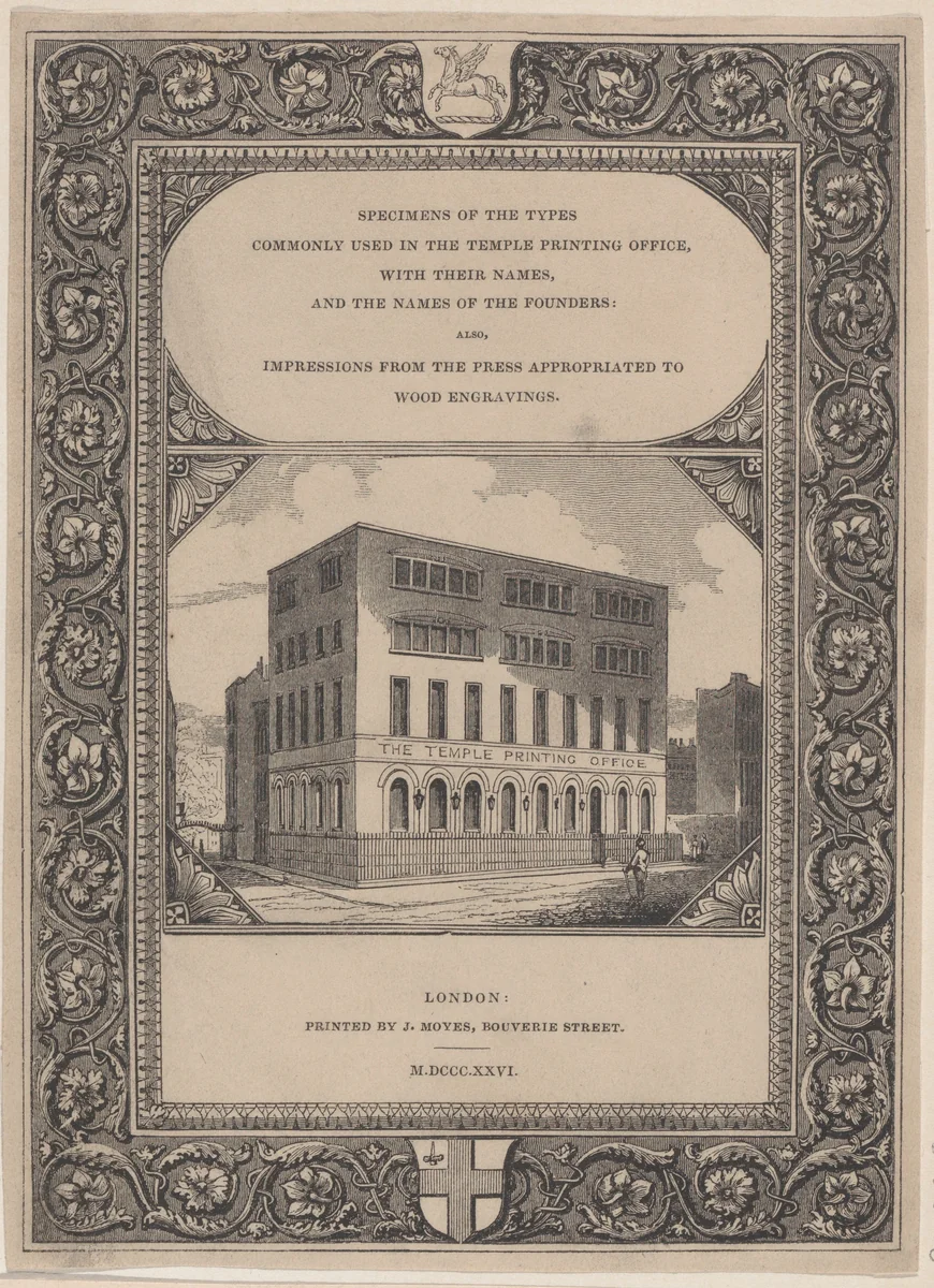 Trade Card for the Temple Printing Office, Printers and Wood Engravers by James Moyes, print, 1800-1900